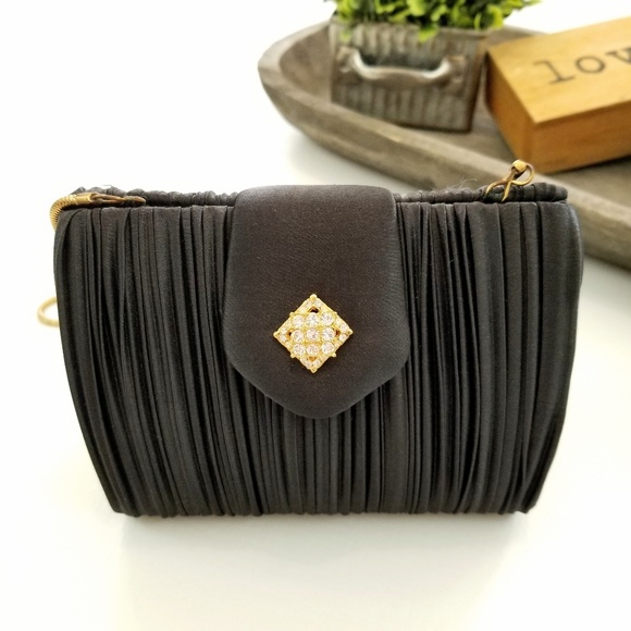 Lord & Taylor Handbags - Lord & Taylor black ruched jeweled evening bag